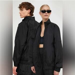 Sz Lg RAINS Black Water Resistant Pockets Stand Up Collar Track Jacket